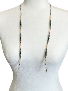 Beaded Eyewear Chain/Lanyard Green Malachite Beige Shell Beads Silver Accents